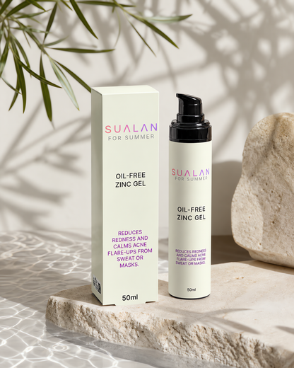 Sualan Cosmetics THE OIL-FREE ZINC GEL, imagen editorial premium del producto · Hidratante facial, disponible en España