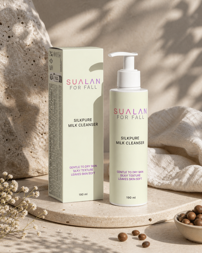 Sualan Cosmetics THE SILKPURE MILK CLEANSER, imagen editorial premium del producto · Limpiador facial, disponible en España