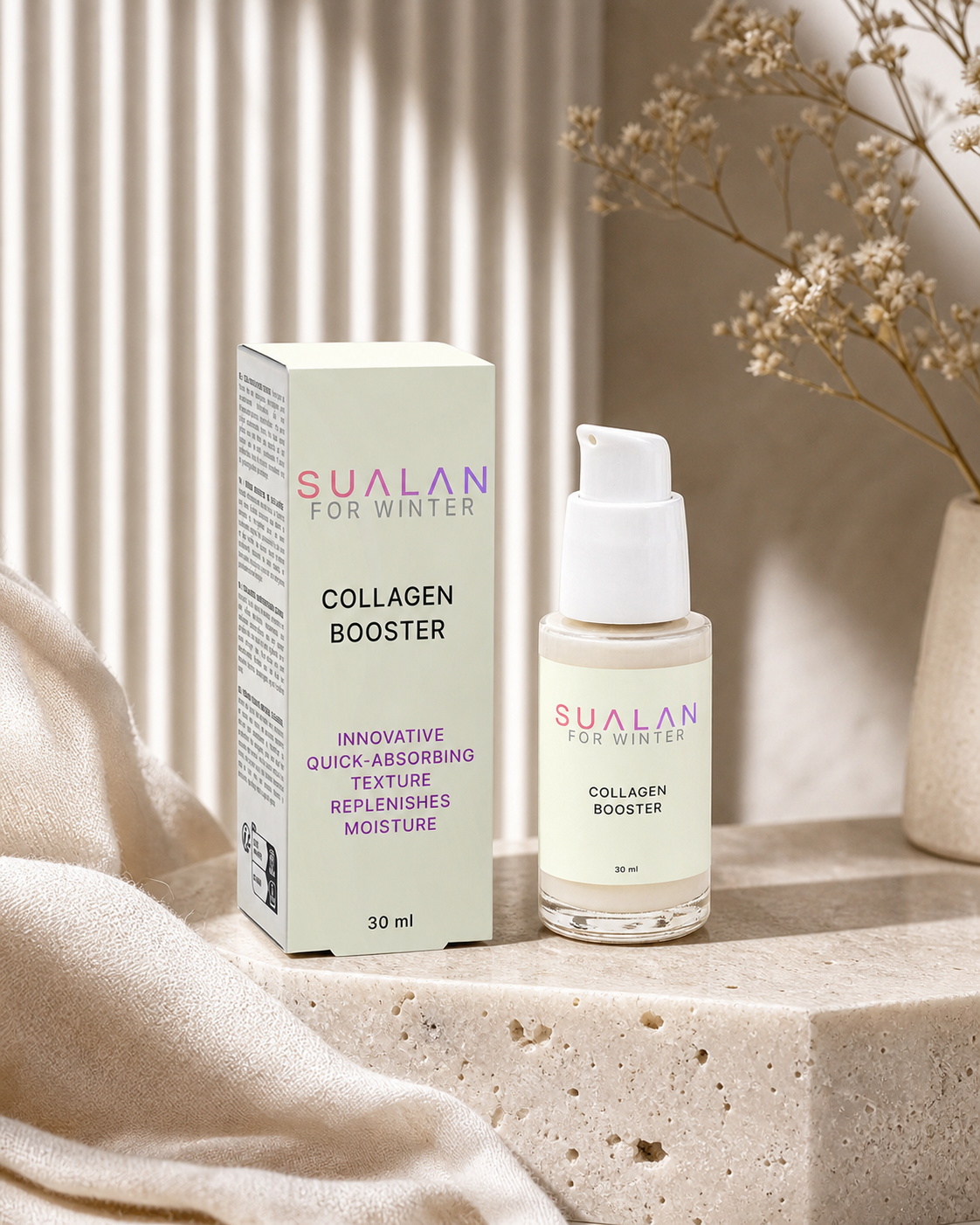 Sualan Cosmetics THE COLLAGEN BOOSTER, imagen editorial premium del producto · Sérum / booster, disponible en España
