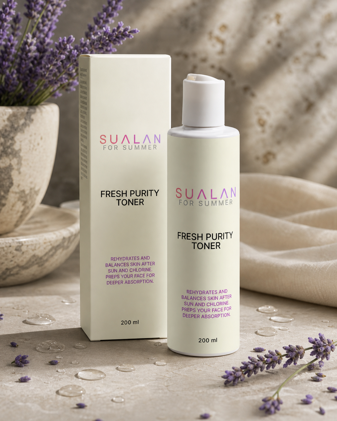 Sualan Cosmetics THE FRESH PURITY TONER, imagen editorial premium del producto · Tónico / bruma, disponible en España