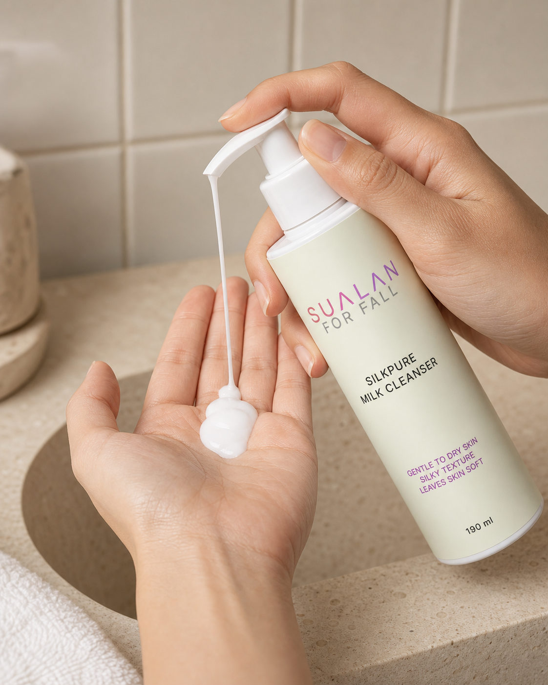 Sualan Cosmetics THE SILKPURE MILK CLEANSER, uso y aplicación real del producto · Limpiador facial, disponible en España