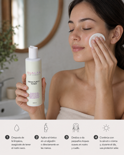 Sualan Cosmetics THE FRESH PURITY TONER, uso y aplicación real del producto · Tónico / bruma, disponible en España