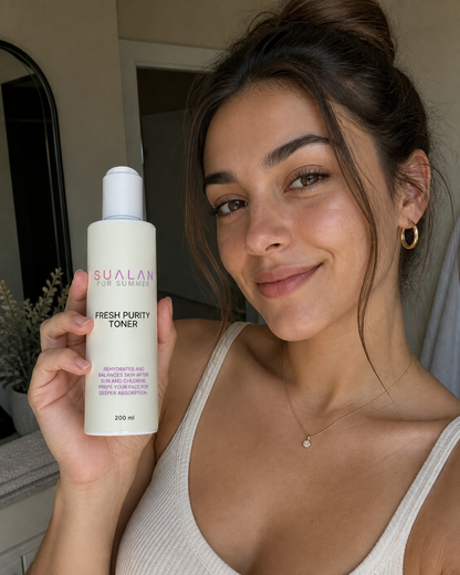 Sualan Cosmetics THE FRESH PURITY TONER, reseña visual UGC con el producto · Tónico / bruma, disponible en España