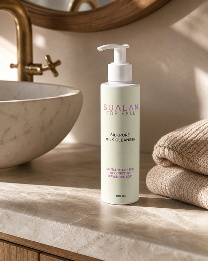 Sualan Cosmetics THE SILKPURE MILK CLEANSER, producto integrado en una rutina facial · Limpiador facial, disponible en España