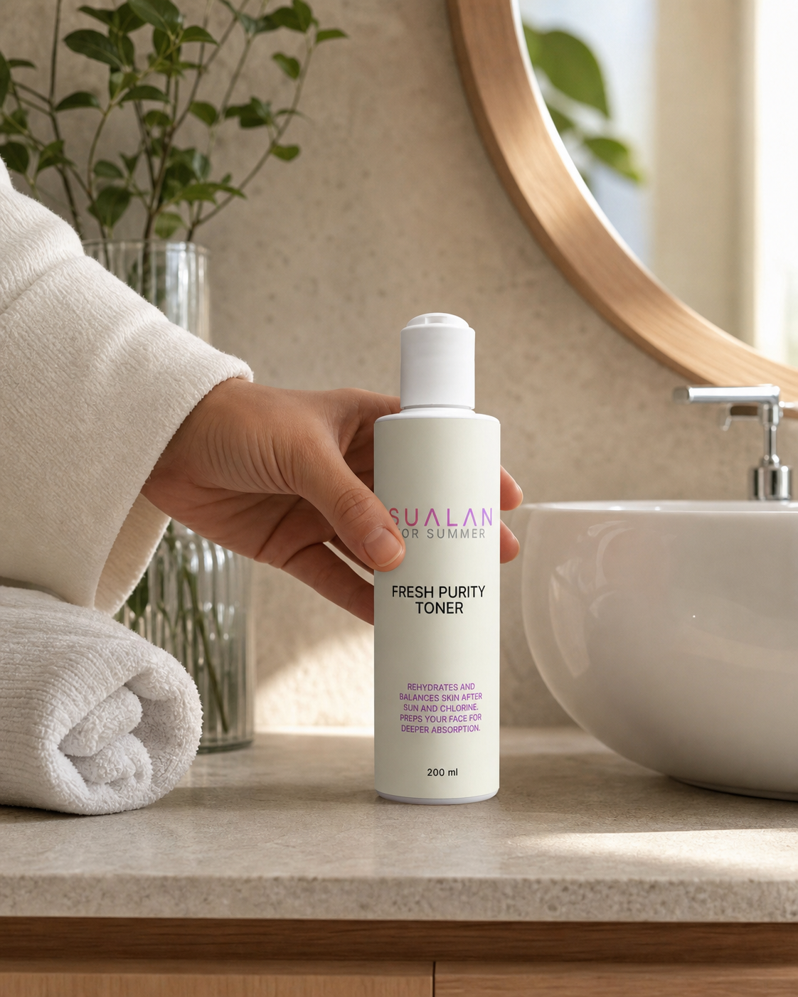 Sualan Cosmetics THE FRESH PURITY TONER, producto integrado en una rutina facial · Tónico / bruma, disponible en España